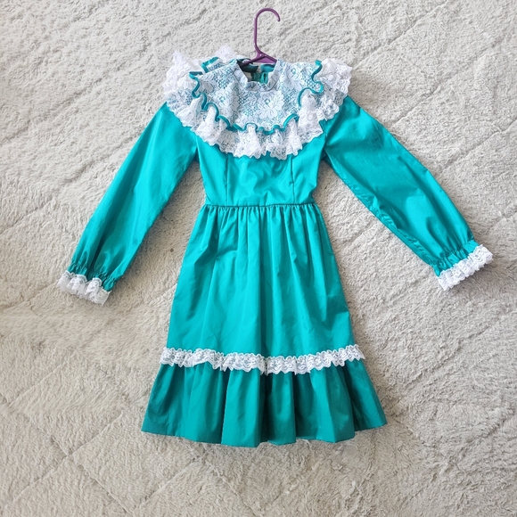 Vtg Ruffled Circle Style Dress Emerald Green Tween Time Girls Dress Sz 10 1990s - Picture 3 of 7